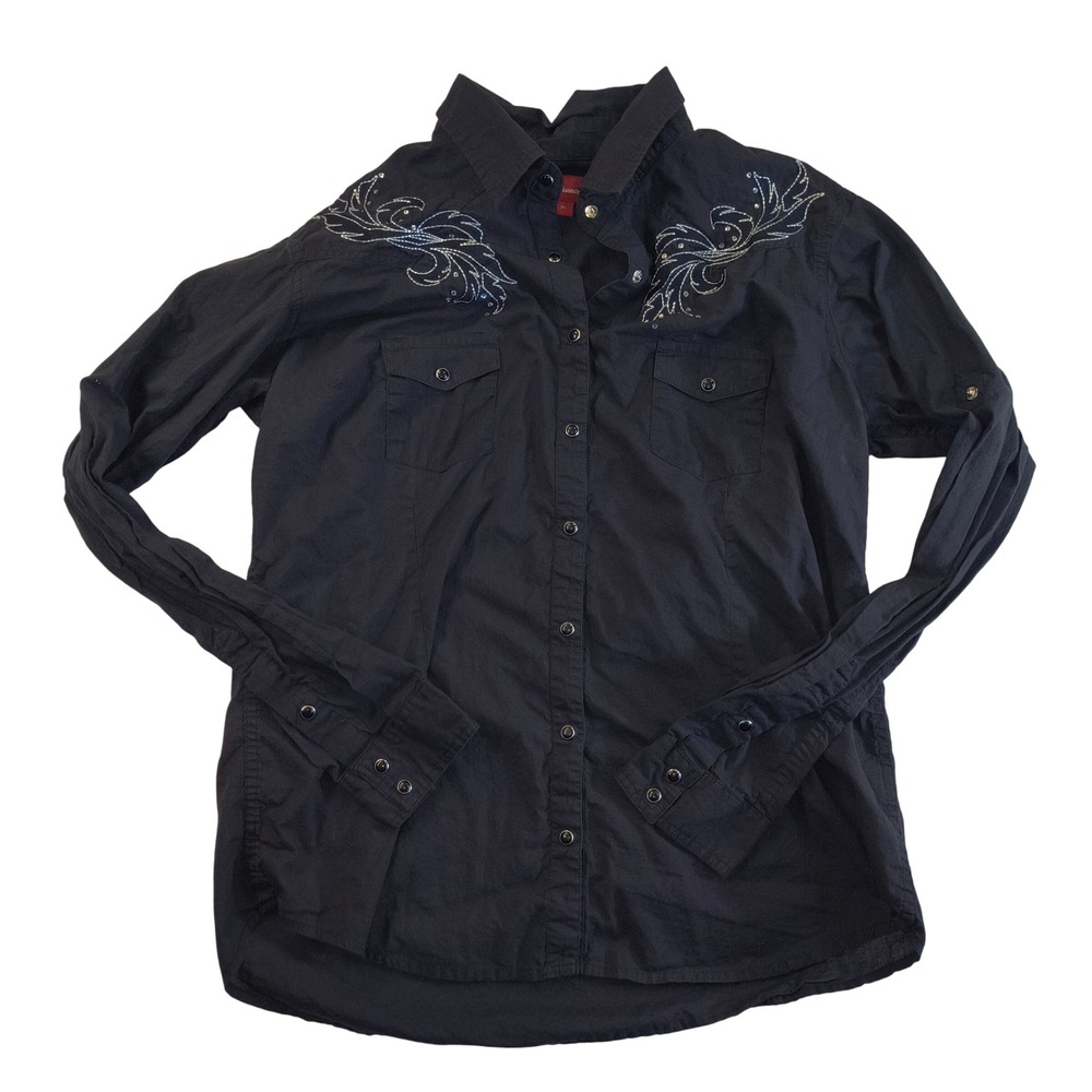 Panhandle Snap Button‎ Western Shirt Black Embroidery Rodeo Cowgirl size XL